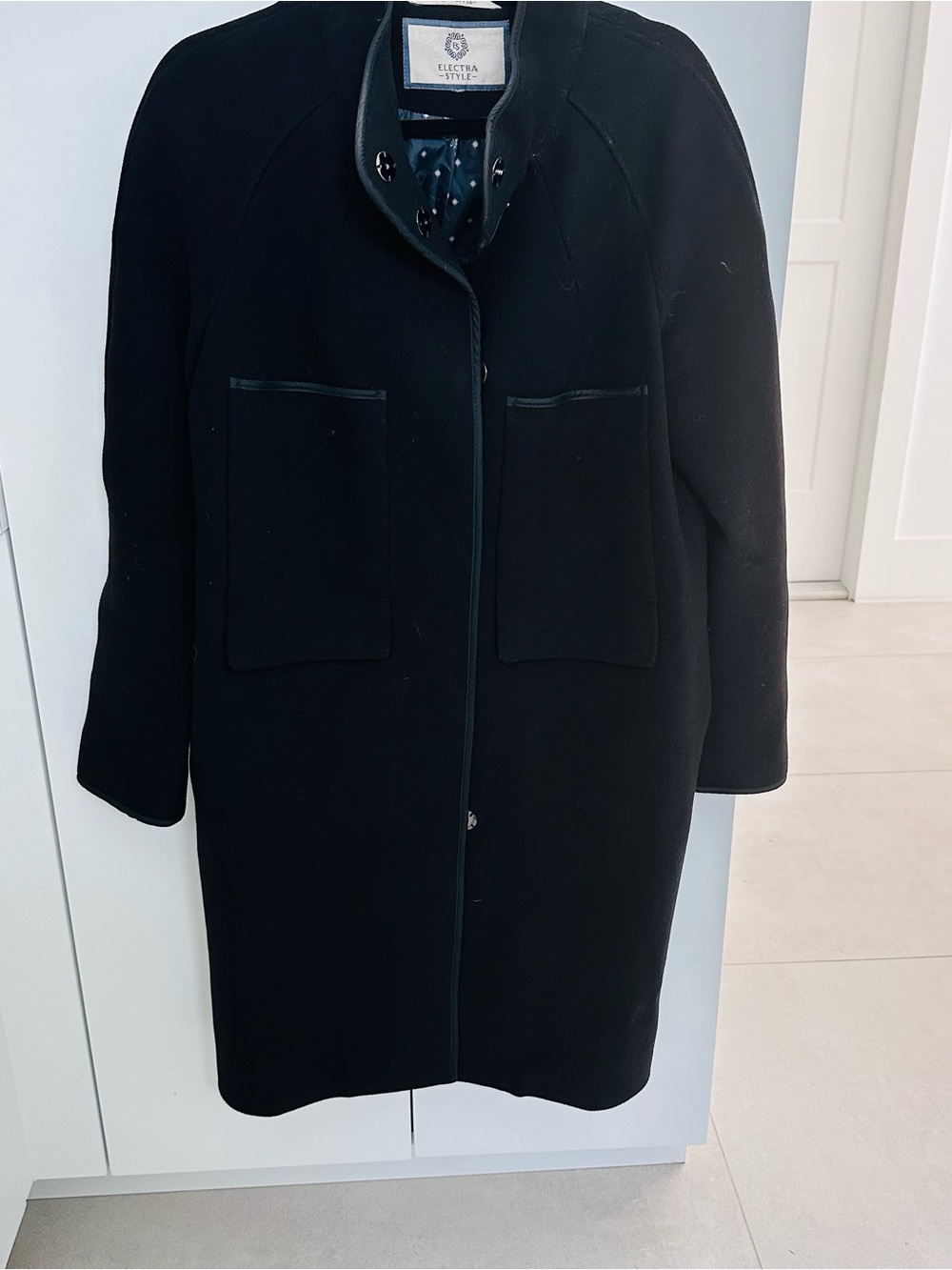 Local European Black Wool Blend Pea Coat with Patch Pockets